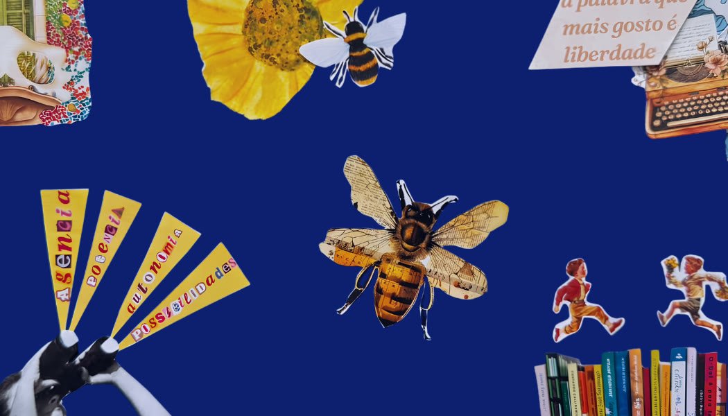 Colagem do cartão da Bia sobre fundo azul: abelhas, um girassol, livros, duas crianças correndo e faixas amarelas com as palavras agência, potência, autonomia e possibilidades.