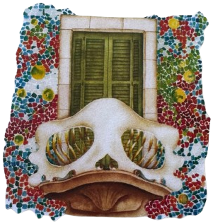 Recorte de colagem: uma varanda com janela verde, cercada por um mosaico de cacos coloridos.